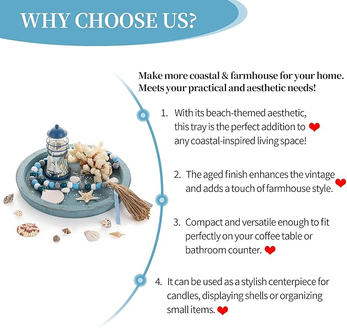 Hanobe Beach Decor Decorative Tray: Farmhouse Coastal Tray for Nautical Themed Decorations Coffee Table - Round Wooden Trays Ocean Style for Bathroom Countertop Centerpiece Rustic Blue