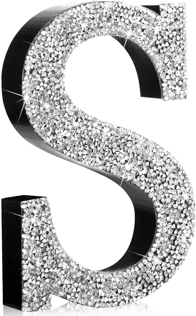 Qunclay 12'' Silver Crystal Diamond Bling Letters Crushed Diamond Decoration Wooden Glitter Letter with Screw and Hooks Rhinestone Gift for Wedding Y2k Mcbling Bedroom Wall Decor (Letter S)
