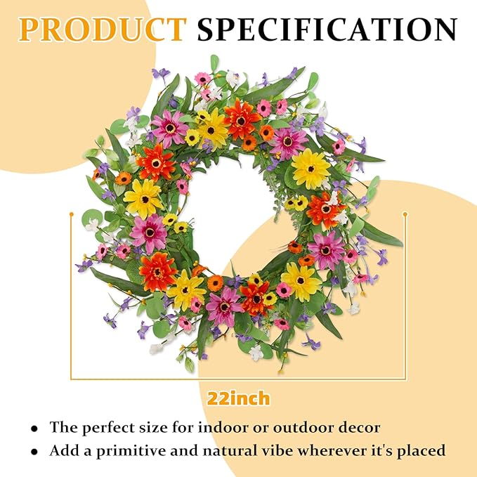 22 Inch Artificial Spring Summer Wreaths for Front Door Daisy Flower Wreath with Wildflowers,Eucalyptus Leaves,Ferns for Indoor Outdoor Wall Porch Festival Farmhouse Home Holiday Decor.