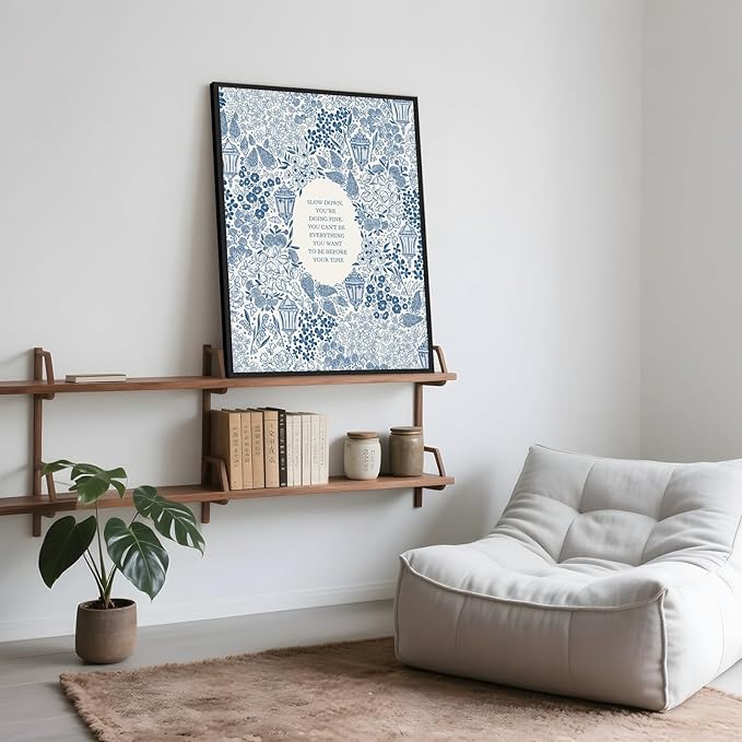 Framed Slow Down Youre Doing Fine Music Posters Motivational Quote Wall Art Blue Victorian Floral Inspirational Canvas Print Vintage Aesthetic Positive Affirmation Office Home Calming Decor 16x24inch