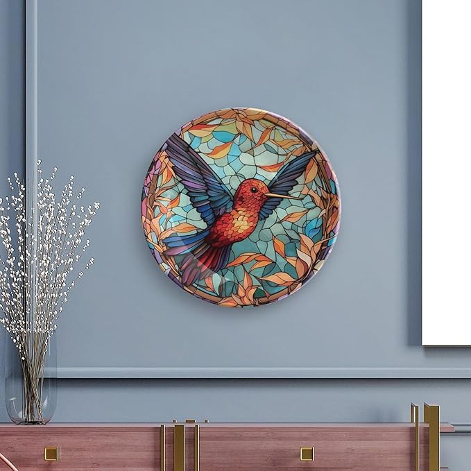 Decorative Plates for Home Decor, Colorful Stained Glass Design Hummingbird Decor Tray for Table Display, Ceramic Dinner Plate W/Stand, Living Room Decor, Gifts for Hummingbird Lovers, 7 Inch