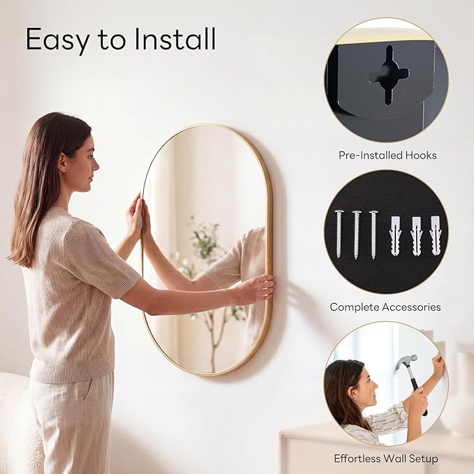 Sweetcrispy 20" x 30" Gold Bathroom Mirror for Wall, Oval Wall Mirrors with Metal Frame, Tempered Glass, Modern Vanity Mirror for Over Sink, Living Room, Bedroom, Entryway, Horizontal or Vertical