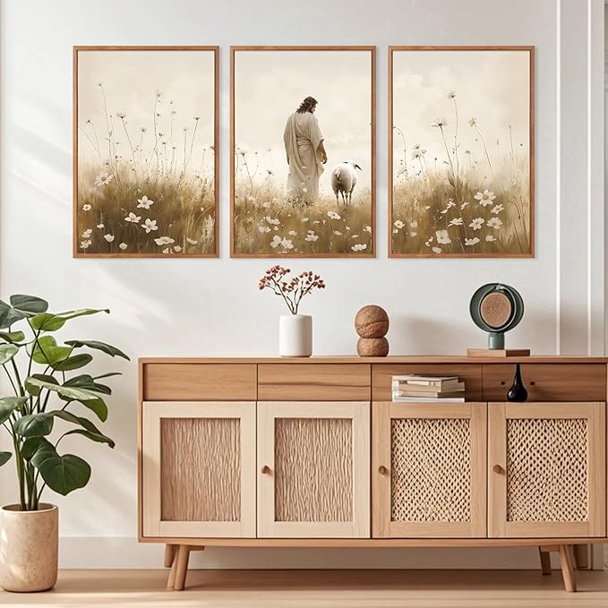 KAIRNE Jesus Wall Art Set of 3(24”X36”),Lost Sheep Wall Decor,Religious Scripture Art Print,Christian Bible Wall Paintings,White Floral Pictures for Church Bedroom Living Room Office Decoration,Framed