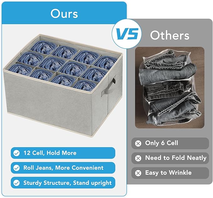 3 Pcs 12 Cell Large Size Pants Organizers for Clothes, Jeans, Sweater, T-shirt, Dress Stackable for Wardrobe Closet Drawer Organizer Storage Bin Container, Grey