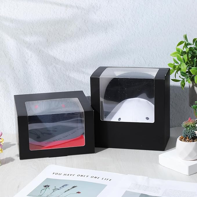 20 Pcs Hat Boxes for Shipping, Black Hat Gift Box with Window Display - Foldable Storage Container for Baseball Caps, Snapbacks, Dad Hats, Billed Caps 7.87 x 7.87 x 4.72 Inches