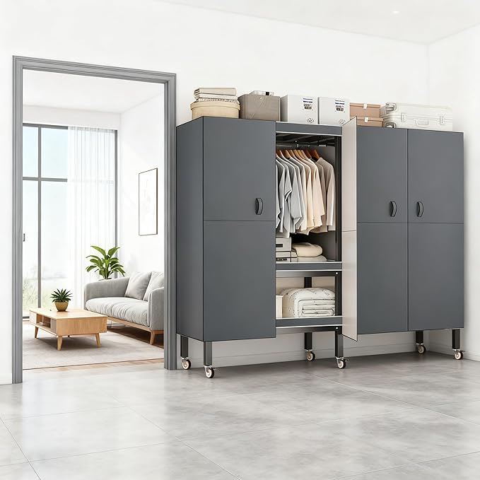 Heavy Duty Portable Closet with Cover Magnetic Doors, Metal Rolling Clothes Rack Heavy Duty 1500LBS, Foldable Clothing Rack, Garment Racks for Bedroom/LivingRoom/Rental (KT Grey, 59.05in)