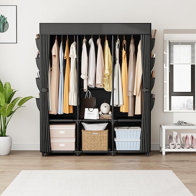 Wardrobe Closet Portable Closets for Hanging Clothes Large Capacity Clothes Rack with Cover, 3 Hanging Rods, 6 Shelves and 8 Pockets, Strong and Stable Free Standing Closet for Bedroom, Black