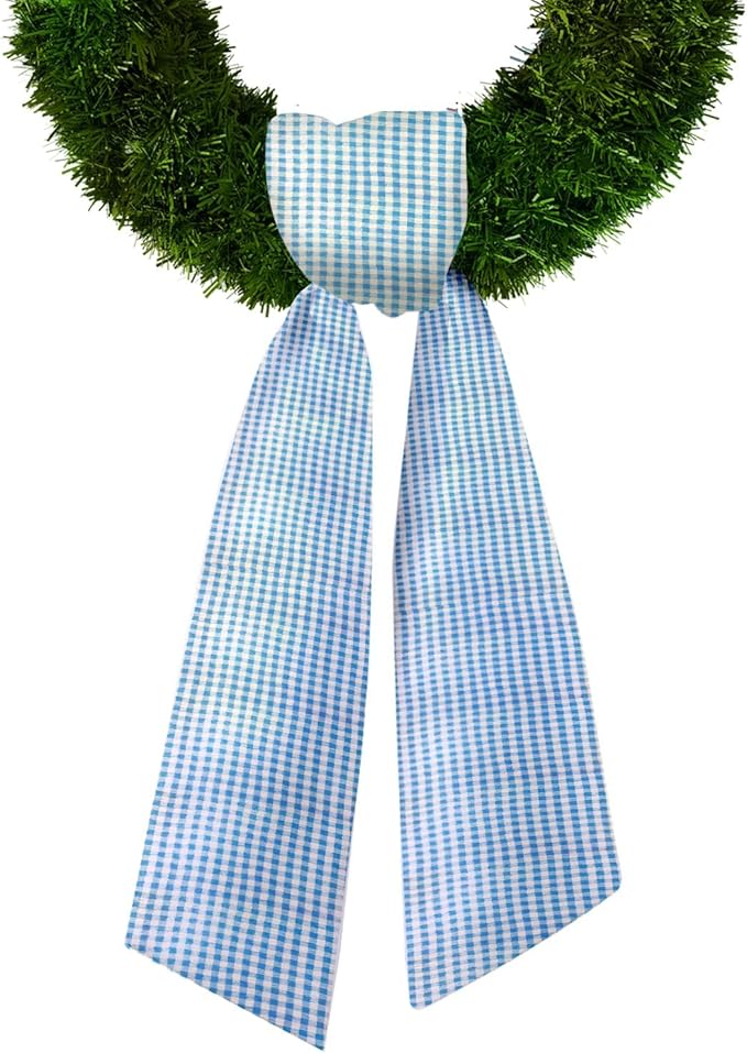 Baby Shower Wreath Sash for Front Door, Blue White Seersucker Sash Blue Buffalo Plaid Wreath Accessories for Home Birthday Christmas Decorations