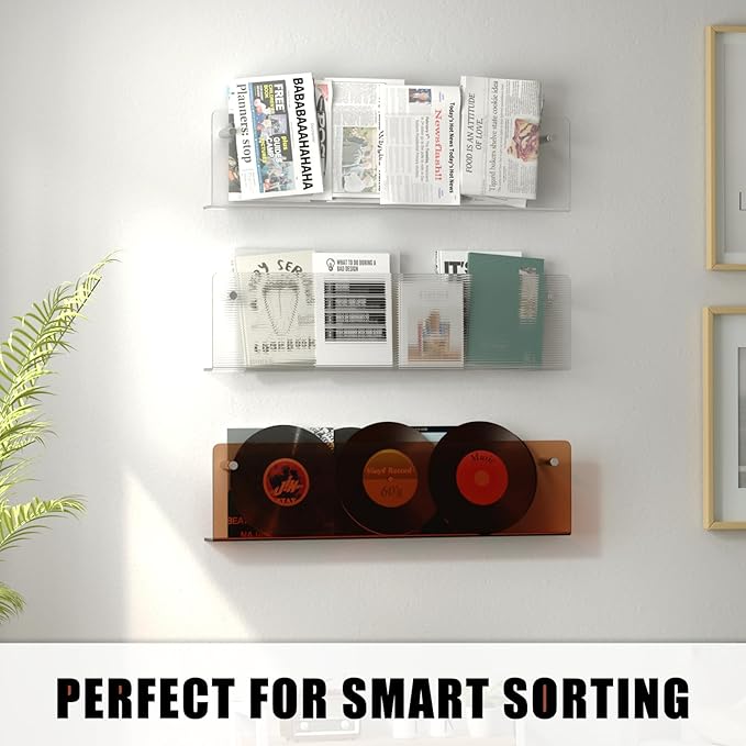 3 Pack Acrylic Magazine Holder and Vinyl Record Rack, 24" Wall-Mounted Display Shelf, Clear / Tea Brown / Ripple Pattern Wall Decor Racks for Living Room, Bedroom, or Music Room