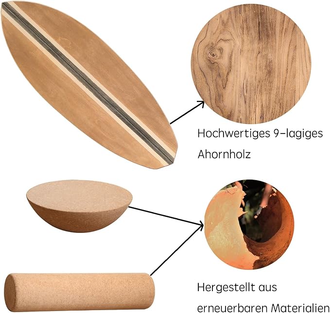 Maple Wood Balance Board with Roller and Half Ball Accessories - Dual-Mode Balance Trainer for Adults, Home Gym & Office Use, Surfboard Shape Design(31.5 x 11.8in)