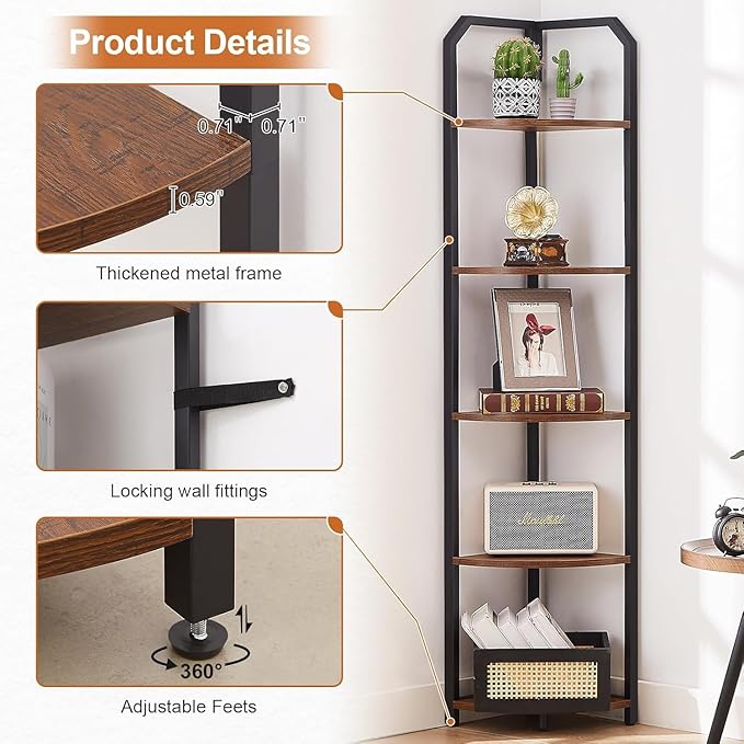 MNEETRUNG Corner Shelf, 5-Tier Industrial Corner Bookshelf, Freestanding Corner Shelf Stand with Metal Frame, Open Corner Plant Stand for Small Space, Home Office, Living Room, Bedroom, Brown