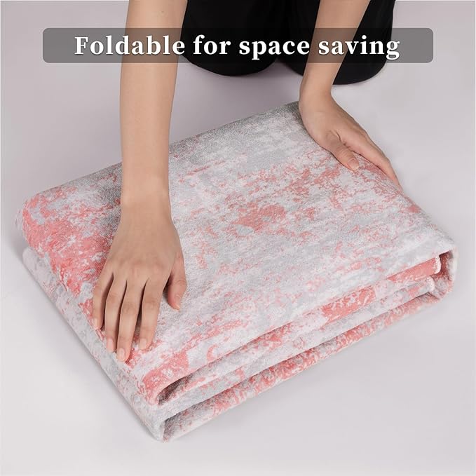 Ciicool Modern Abstract Rug for Living Room, 5x7 Machine Washable Area Rug Non-Slip Rug, Low-Pile Contemporary Indoor Dining Floor Carpet for Bedroom Office Under Table Home Decor Pink Grey