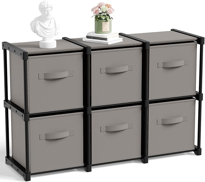 6 Cube Storage Organizer with Shelf Back to School Boxes 11 Inch Toy Storage Bins Closet Organizers Drawers Fabric Dresser for Playroom Books Bedroom Dorm Kitchen (Grey)