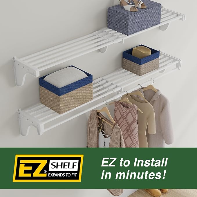 EZ Shelf - DIY Expandable Closet Shelf (NO Hanging Rod) - 40.5” to 73” - White - Easy to Install to 2 Sidewalls -(EZS-SW72)- Wire Closet Shelving Alternative