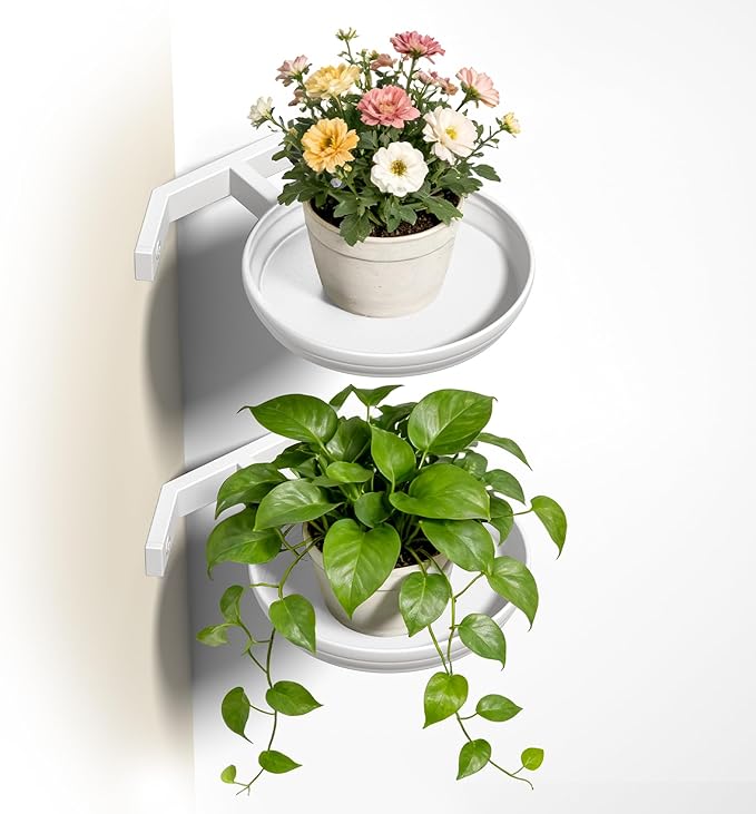 BXF Floating Plant Shelves for Wall Set of 2, Heavy Duty Matte White Corner Wall Planters for Indoor Plants, Minimalist Round Corner Shelf with Safety Guardrail, Rust-Proof Hanging Plant Holder