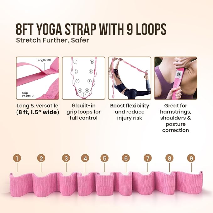 Live Well Starter Kit for Beginners – 2 EVA Foam Yoga Blocks (3x6x9 in) + 8ft Pink Yoga Strap with Loops – Yoga Accessories for Stretching, Balance, Alignment & Flexibility