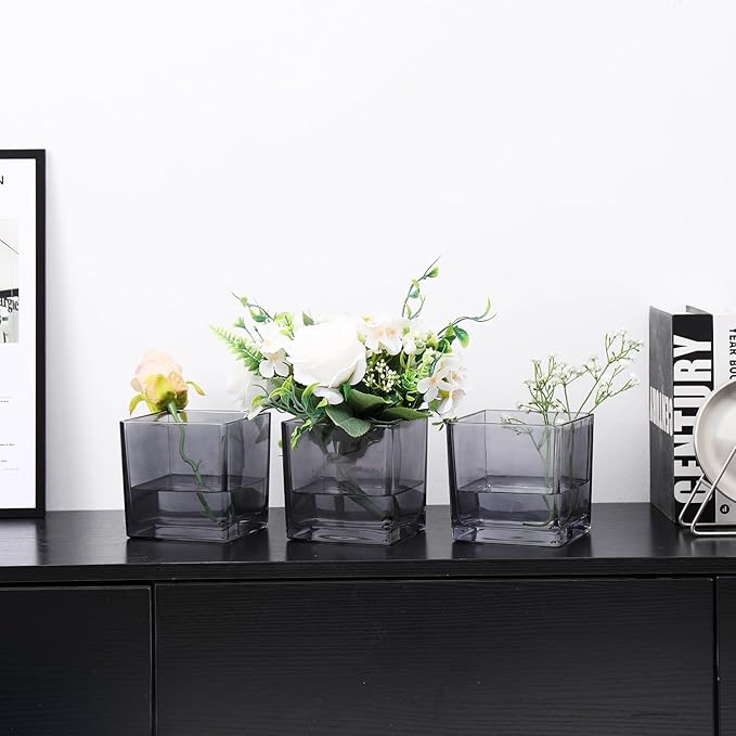Square Glass Vases Set of 9, 4"x 4"x 4" Flower Vases for Centerpieces, Grey Glass Vase for Flowers, Small Vase for Wedding, Party, Home Office Decoration