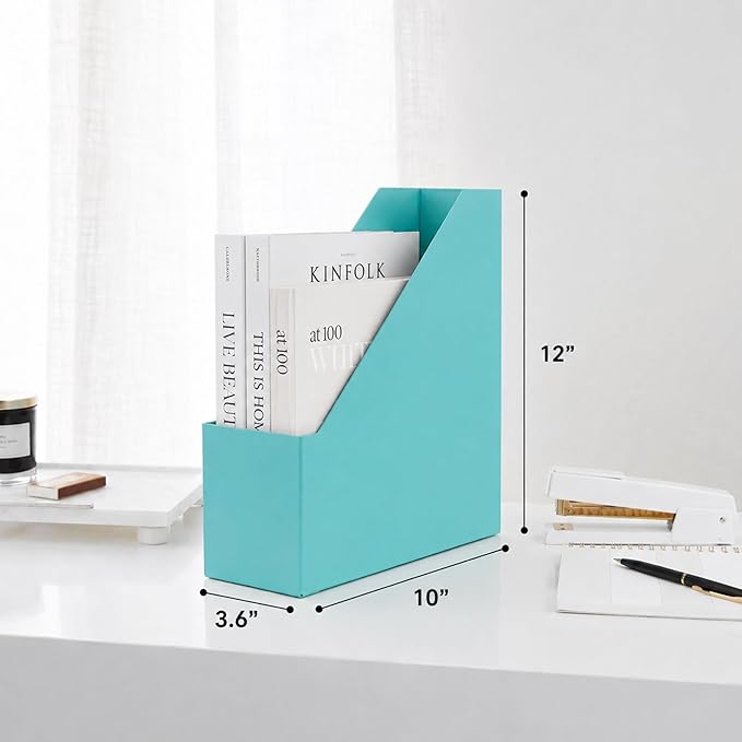 BLU MONACO Set of 6 Aqua Magazine File Holders | Foldable Magazine Storage Boxes with White Leather Label Holders | Vertical File Organizer for Desk, Shelves & Home Office