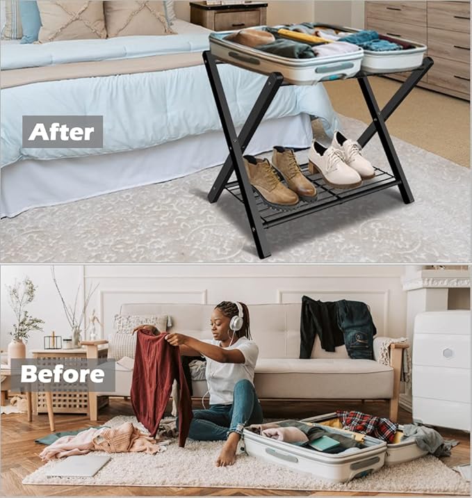Folding Luggage Rack for Guest Room, Metal Foldable Suitcase Stand Holder with Metal Shelf for Bedroom, Black, 2pack