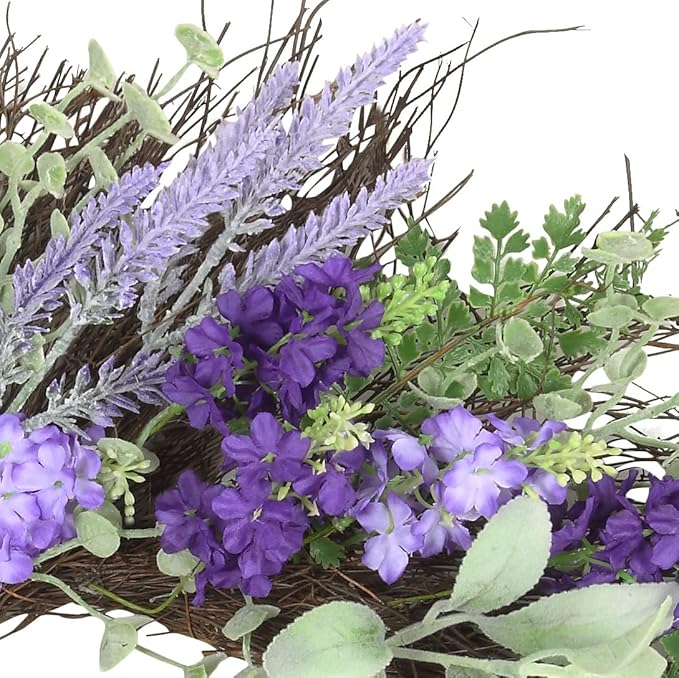 Haute Decor Mixed Artificial Lavender Wreath with Natural Grapevine - 24 Inch Spring Wreath for Front Door with Lavender, Eucalyptus, Cedar, Larkspur and Lamb's Ear Florals
