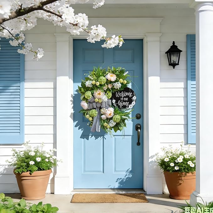 Spring Summer Wreaths for Front Door, Half Circle Summer Wreath with Hydrangea & Peony, Striped Bow & Welcome Sign – 24 Inch Indoor/Outdoor Seasonal, Housewarming & Festive Spring Door Wreath Decor