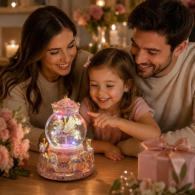 Magical Unicorn Snow Globe with “Somewhere Over the Rainbow” Music, Rotating Carousel Music Box, LED Lights & Glitter Snow, Perfect Birthday, Xmas, Valentine’s Gift, for Girls, Kids & Unicorn Lovers