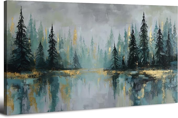 Green Forest Wall Art Vintage Fog Pine Trees Landscape Wall Decor Nature Green and Gold Forest Lake Scenery Canvas Prints Pictures Farmhouse Artwork for Kitchen Living Room Home Decorations 24x48"