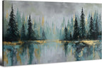 Green Forest Wall Art Vintage Fog Pine Trees Landscape Wall Decor Nature Green and Gold Forest Lake Scenery Canvas Prints Pictures Farmhouse Artwork Kitchen Living Room Home Decorations 29.53x57.87"