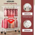 Heavy Duty Clothes Rack Load 600 LBS, Rolling Clothing Rack for Hanging Clothes with Lockable Wheels, Double Rod Garment Rack for Bedroom, Laundry, Clothing Store, White