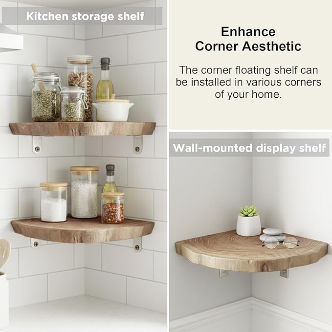 3 Pcs Small Corner Floating Shelves for Wall Solid Wood 7 Inch Rounded Corner Shelves Wall Mounted Natural Solid Elm Wood Shelf Rustic Style Wooden Hanging Shelf for Bedroom Decor(Wooden)