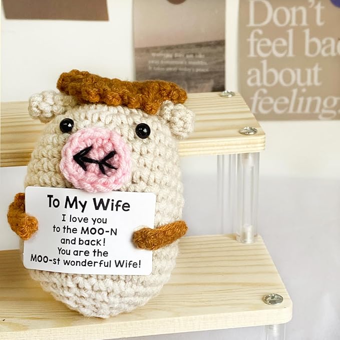 Positive Crochet Cow, Cute Positive Crochet Animal Decoration, Emotional Support Gift for Wife Women Men Coworker Friends Family