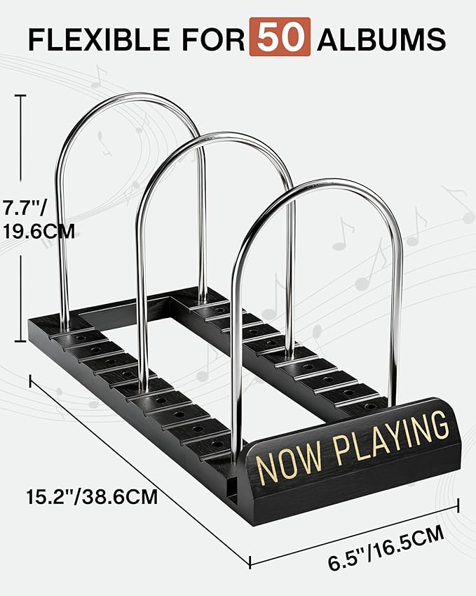 BS-VOG Now Playing Vinyl Record Stand, 50 LP Vinyl Record Storage with Non-slip Grooves, Wood Now Spinning Vinyl Record Holder for Albums Magazine Rack Magazine Organizer Record Display, Gift Package