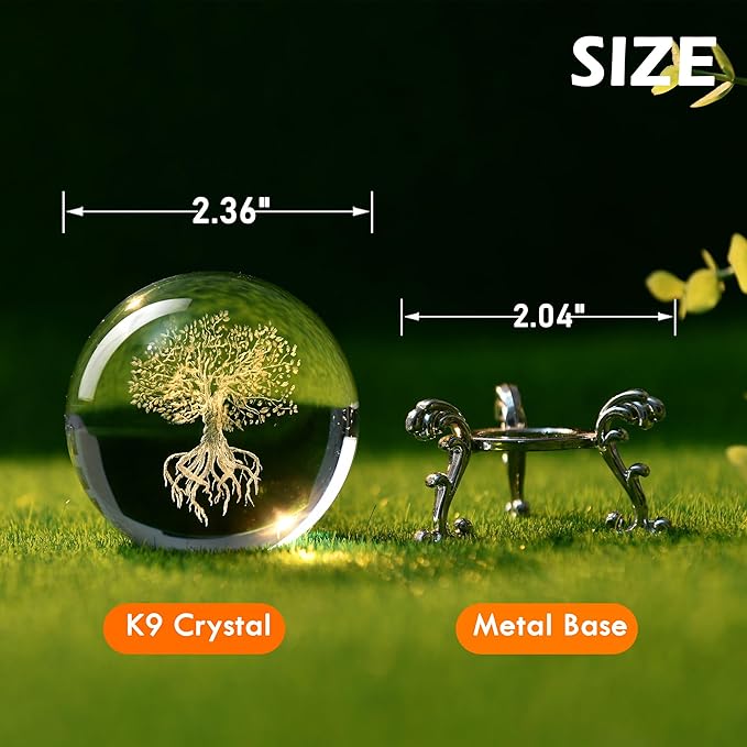 IFOLAINA 3D Tree of Life Crystal Ball with Stand Laser Engraved Glass Ball Tree of Life Decor Decorative Globes 3D Crystal Plant Sphere Gifts for Her Birthday