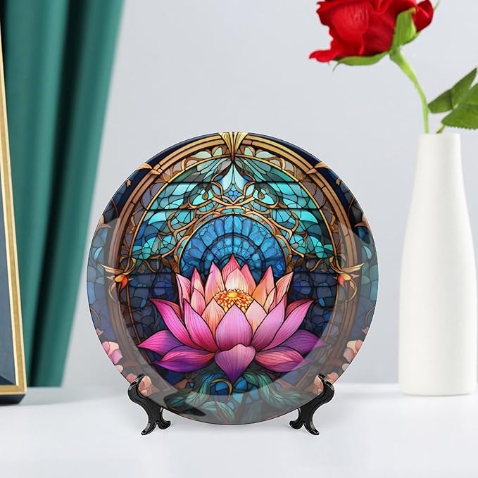 Decorative Plates, Moroccan Water Lily Stained Glass Print Ceramic Dinner Plate Home Wobble-Plate with Display Stand, Wall Hanging Decor for Kitchen Household 8 Inch, Gifts for Lotus Lover