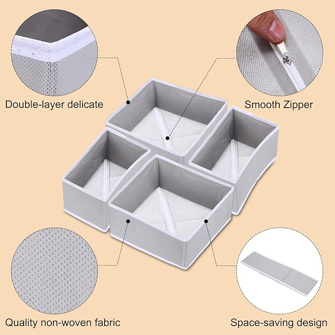 uxcell 1 Set Foldable Cloth Storage Box, 12 Slots Fabric Socks Underwear Drawer Dividers Organizers Baskets Bins for Clothes Socks Scarves Ties, Light Gray