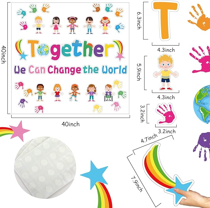 Together We Can Change The World Classroom Bulletin Board Set Decorations Back to School Bulletin Board Hands with Hearts Diverse Children Cutouts for Kids and Teacher Classroom School Supplies Decor