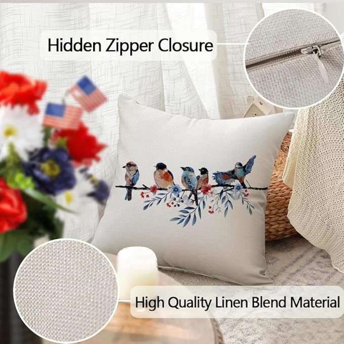 RABUSOFA 4th of July Memorial Day Patriotic Throw Pillow Cover,18x18 Inch Red White and Blue Birds Flowers Independence Day American Fourth of July Decoration for Sofa Couch