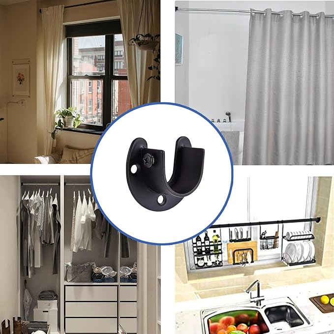 Stainless Steel Closet Rod Bracket, 3/4 Inch Diameter Closet Rod Holder 2 Pcs, Heavy Duty Black Curtain Holder with Screws