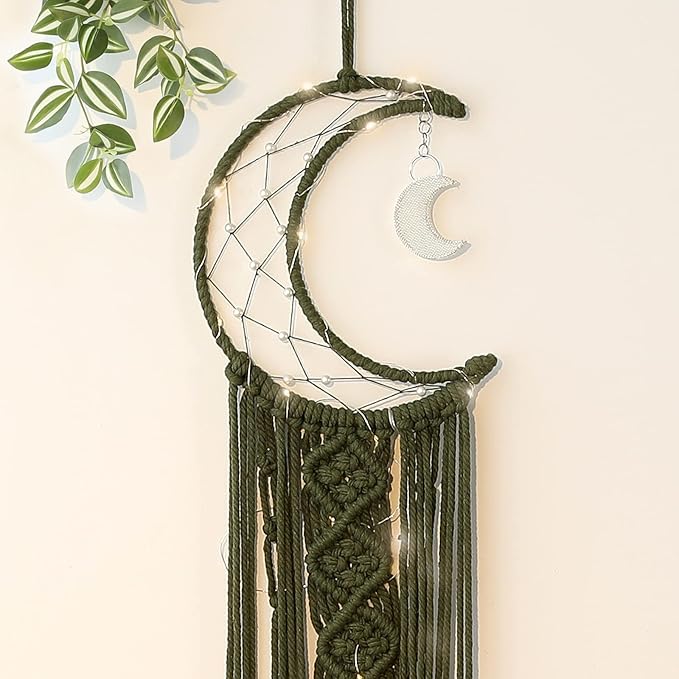 Boho Macrame Woven Wall Hanging for Kids, Crochet Crescent Moon Star Dream Catcher with Long Tasselt, Olive Cotton Handmade Bohemian Home Decor Decoration for Nursery Bedroom Dorm Room