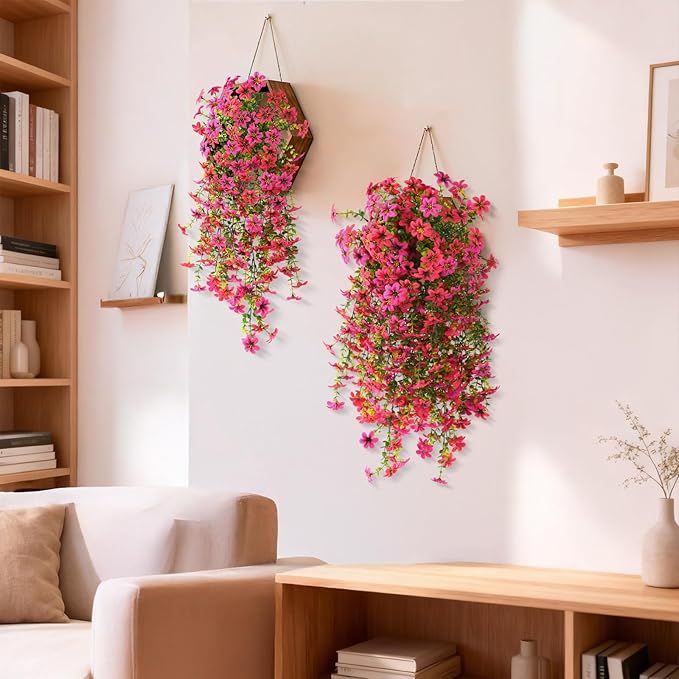 Artificial Hanging Flowers Plants for Outdoor Spring Summer Decoration, 2PCS Faux Silk Daisy UV Resistant Look Real for Outside Home Indoor Planter Porch Garden Yard Decor(Rose Red Fuchsia)