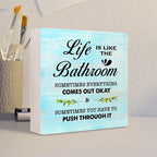 Blue Life is Like The Bathroom Wooden Box Sign Desk Decor,Funny Bathroom Wood Block Sign for Farmhouse Toilet Shelf Decor