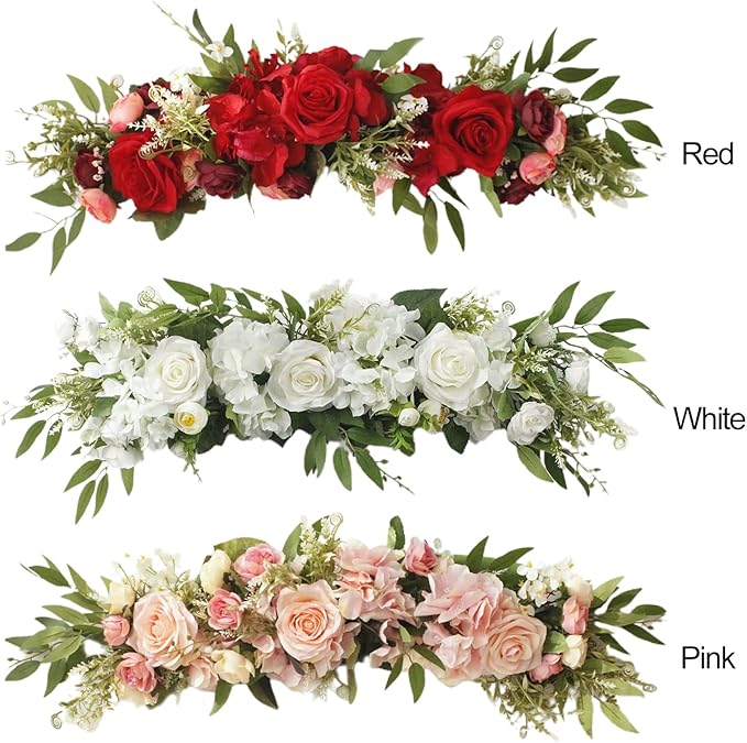 Artificial Peony Flower Swag, 29.6in Faux Eucalyptus Leaves Corner Rose Floral Swags, Artificial Mirror Flower Chair Back Flower Swags for Sheer Drapes, Wedding Chair, Arbor, Wedding(White)