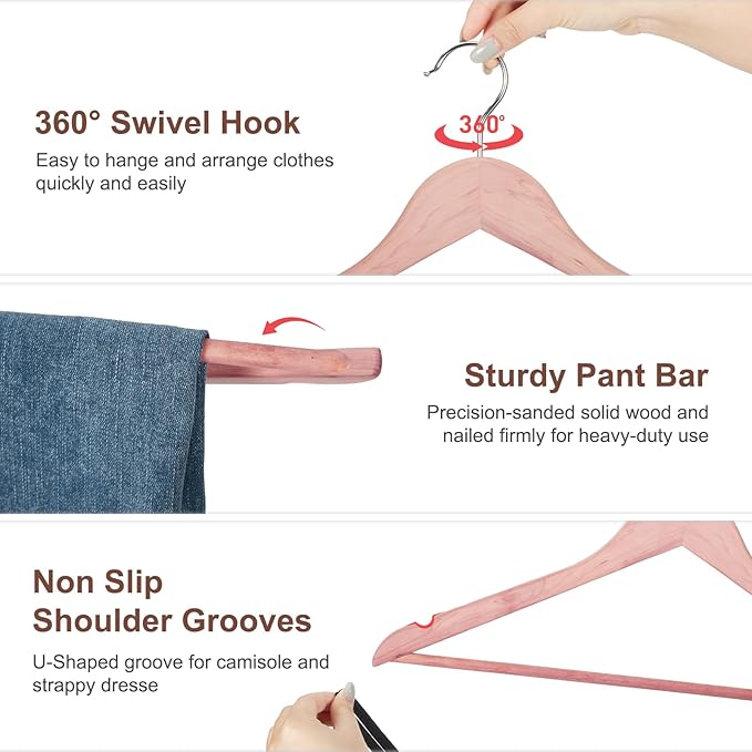 HOUSE DAY Cedar Hangers for Closet, Smooth Cedar Wood Hangers 10 Pack with Rings, 360° Swivel Hook, U-Shape Notched, Non Slip Pant Bar, Sturdy Wooden Clothes Hanger for Coats, Dresses, Suits