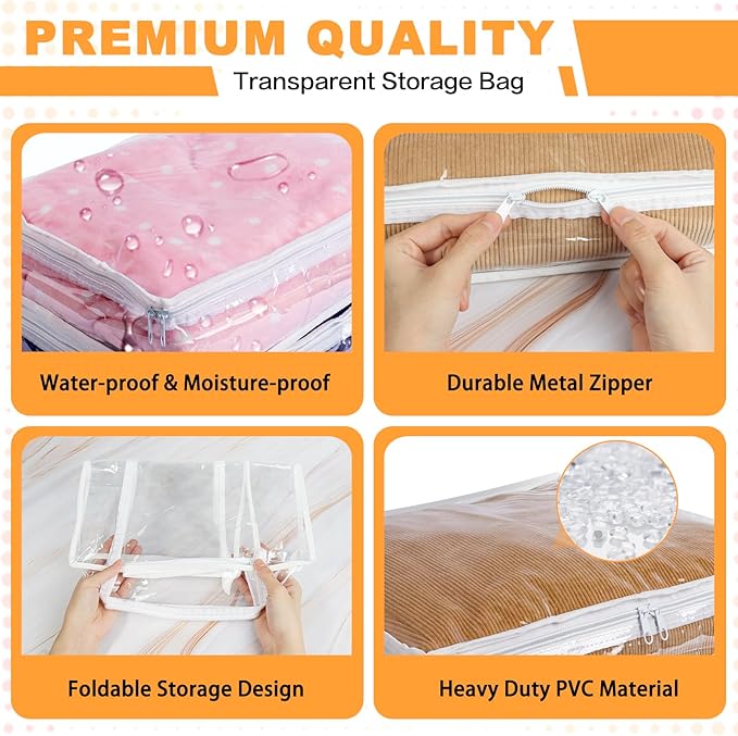 Clear Zippered Storage Bags Plastic Sweater Storage Bags with Zipper 6 Packs Clothing Organizer for Blankets Linen Sweater Bed Sheet Quilt Clothes Pillow (12 x 12 x 4 Inch)