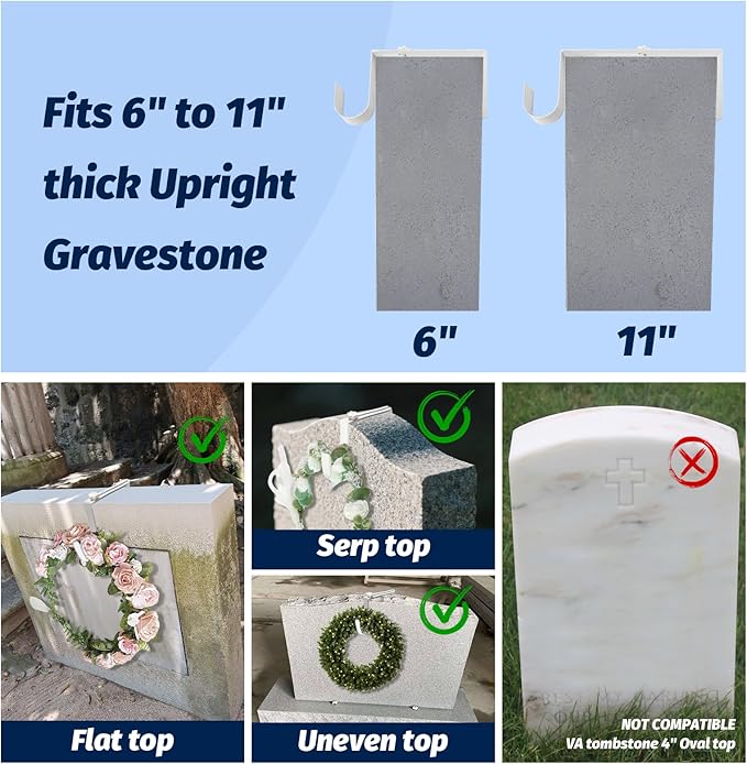 BEISE Wreath Hanger for Headstone, Adjustable 6"- 11", White 1 Pack, Non-Slip Sponge Grip, Fits Thick Upright Gravestone with Flat or Uneven Arched Tops, Easy Outdoor Cemetery Christmas Décor