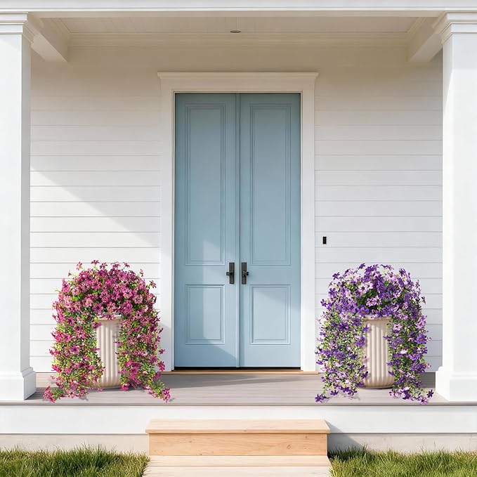 Artificial Hanging Flowers Plants for Outdoor Spring Decoration, 2PCS Faux Silk Daisy UV Resistant Look Real for Outside Home Indoor Planter Porch Garden Yard Decor(Light Purple Red)