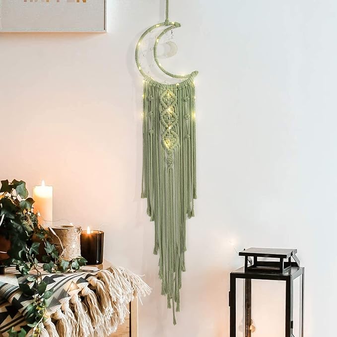 Macrame Moon Dream Catcher for Girl, Green Boho Crescent Dreamcatcher for Bedroom Adult, Handmade Nursery Room Wall Hanging with Star Pendant for Teen, Bohemian Home Decoration Idea