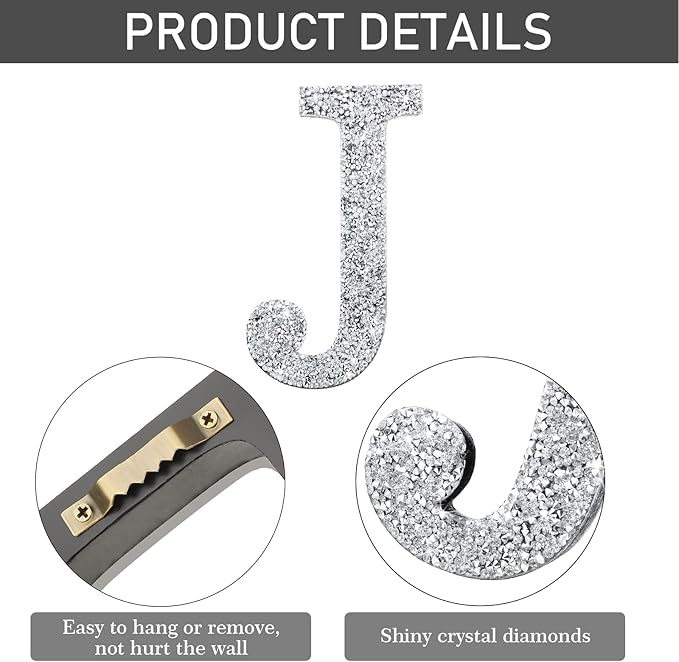 Qunclay 5.7" Silver Crystal Diamond Bling Letters Crushed Diamond Decoration Wooden Glitter Letter with Screw and Hooks Rhinestone Gift for Wedding Y2k Mcbling Bedroom Wall Decor (Letter J)