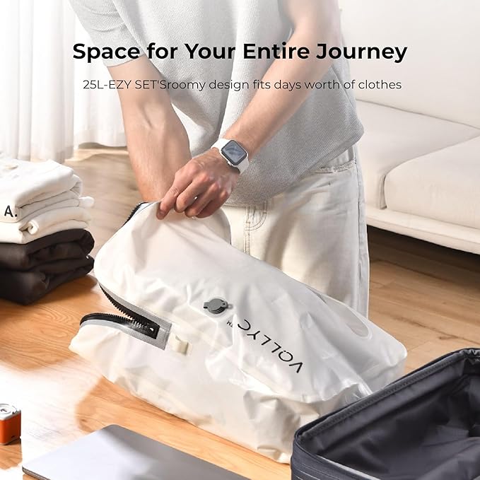 Travel Vacuum Bags with Pump, 25L Large Capacity Vacuum Bags for Travel, IPX7 Waterproof, Open Zipper, Reusable Travel Essentials Compression Bags for Luggage Backpack Suitcase Home Storage