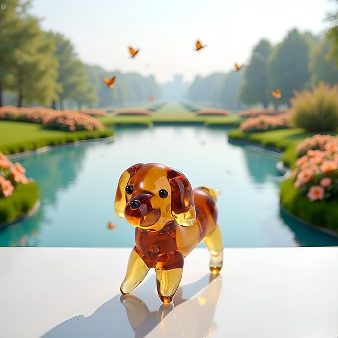 Brown Mini Dog Art Blown Glass, Crystal Cute Dog Figurine, Glass Ornament Statue Animal Collectible, Blown Art Pet Animal Collectible Figures Home Décor Accents